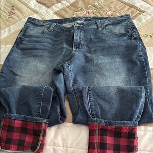 Blue and Red Straight Jeans with Plaid Lining on bottom of legs